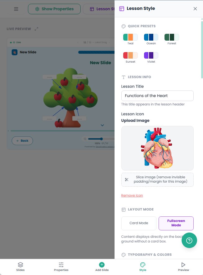 Lesson Style panel with colour presets, lesson title, icon upload and layout mode options